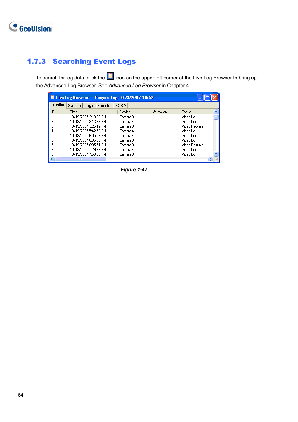 3 searching event logs | CCTV Camera Pros Geovision 8.4 Multicam Digital Surveillance System User Manual | Page 80 / 648