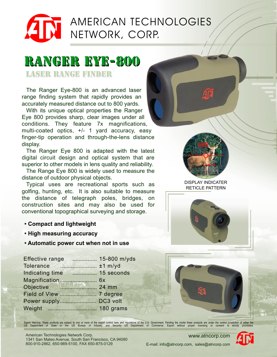 ATN Laser Range Finder Ranger Eye-800 User Manual | 1 page