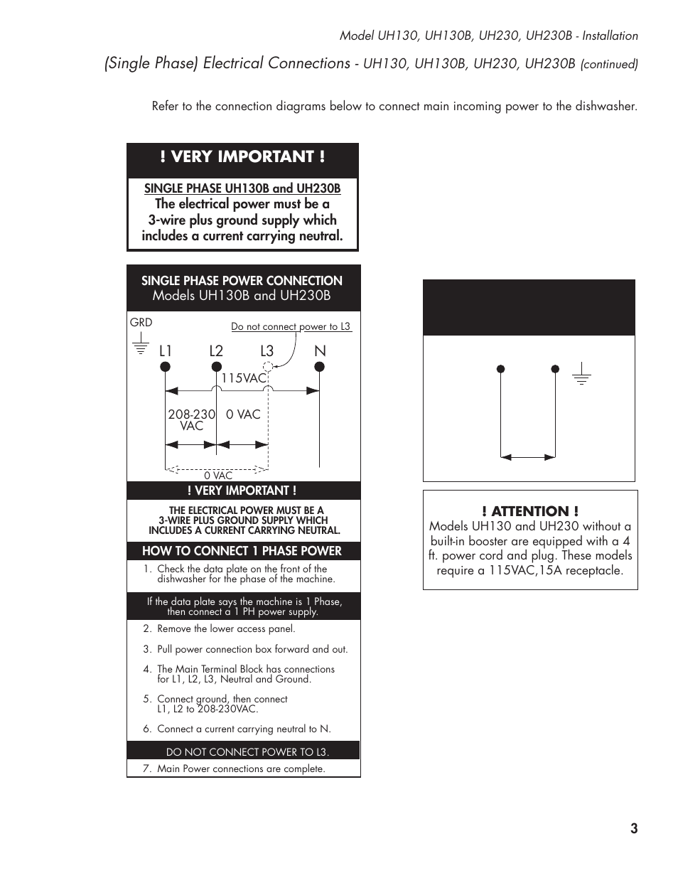 Single phase) electrical connections, Very important, L1 l2 l3 n | CHAMPION UL-130 Manual User Manual | Page 13 / 116