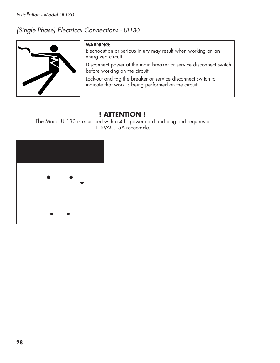 Single phase) electrical connections, Attention | CHAMPION UL-130 Manual User Manual | Page 38 / 116