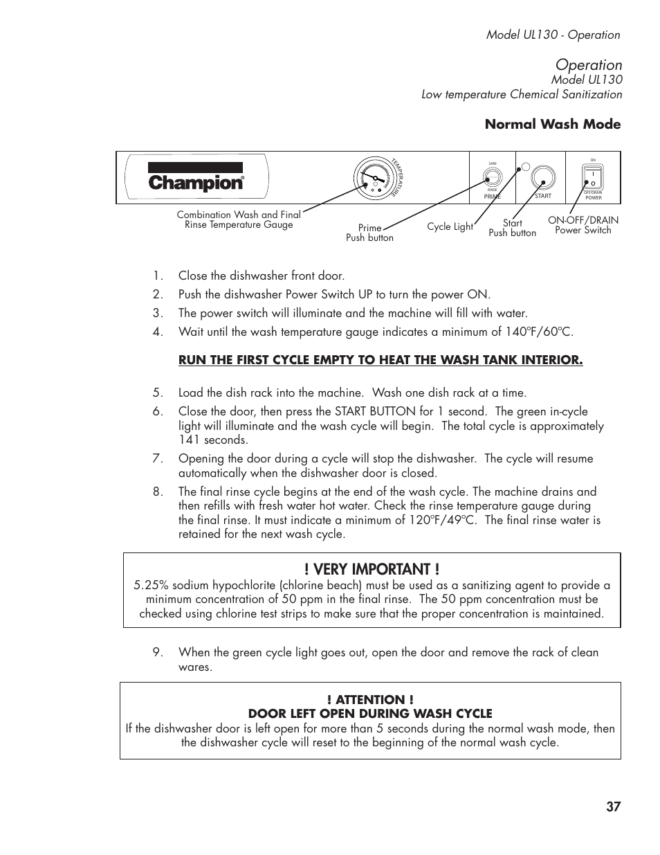 Operation, Very important, Normal wash mode | CHAMPION UL-130 Manual User Manual | Page 47 / 116