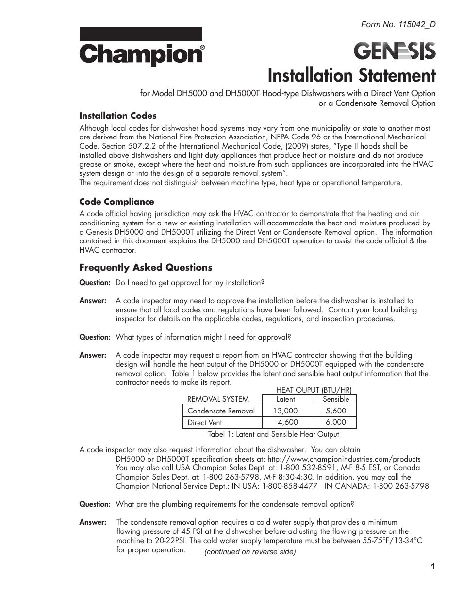 CHAMPION DH5000 VHR Installation Statement User Manual | 2 pages