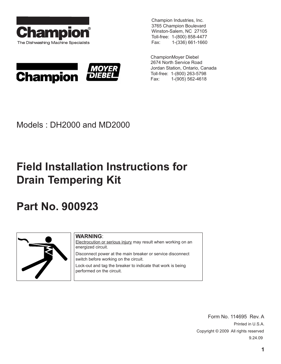 CHAMPION Versa-Clean DH2000 Installation Statement User Manual | 4 pages