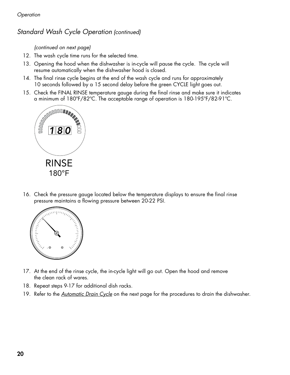 Rinse, 180°f, Standard wash cycle operation | CHAMPION DH5000T Single Source Gas Manual User Manual | Page 28 / 124