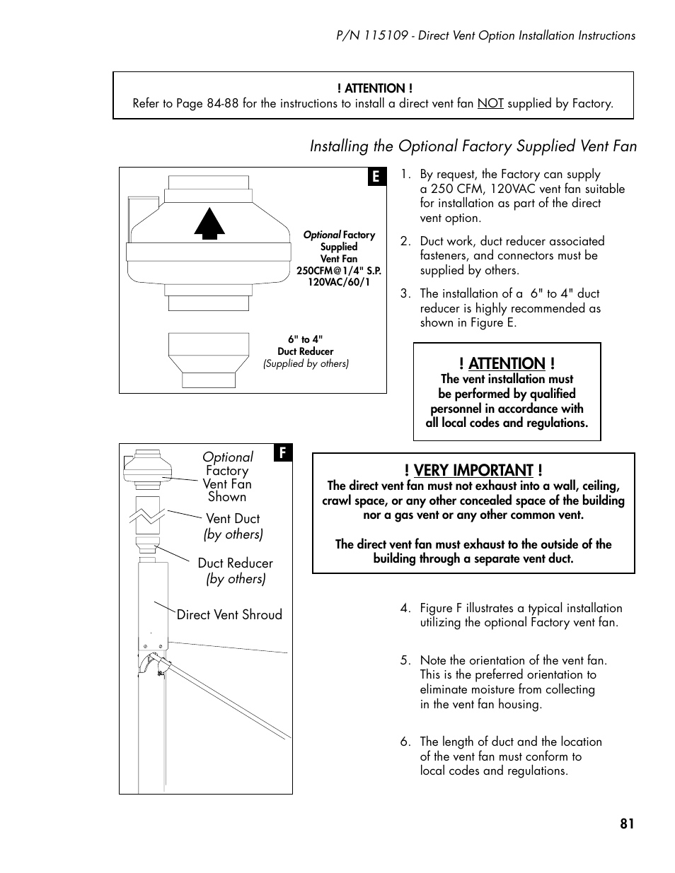 Installing the optional factory supplied vent fan, Attention, Very important | CHAMPION DH5000T Single Source Gas Manual User Manual | Page 89 / 124