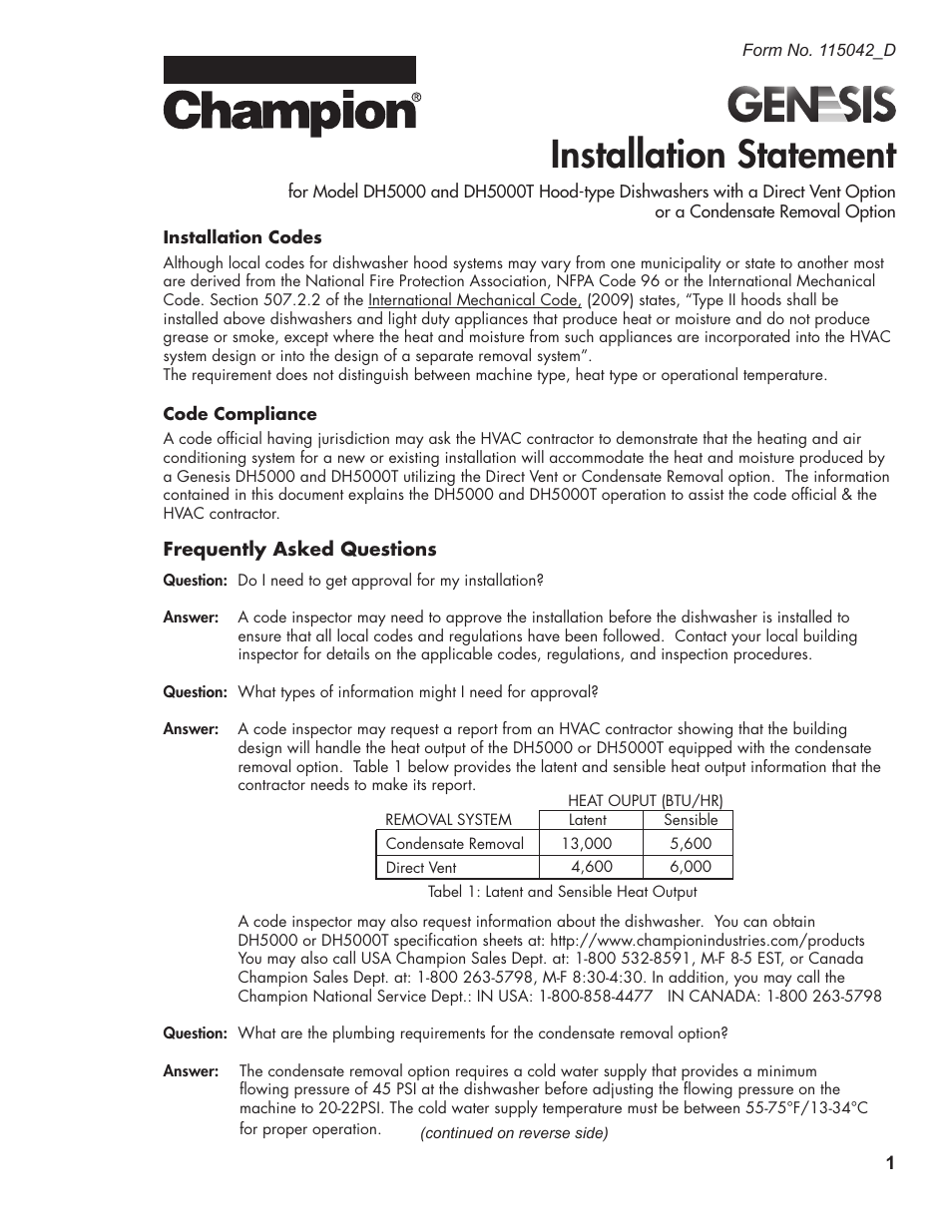 CHAMPION DH5000T Single Source Gas Installation Statement User Manual | 2 pages