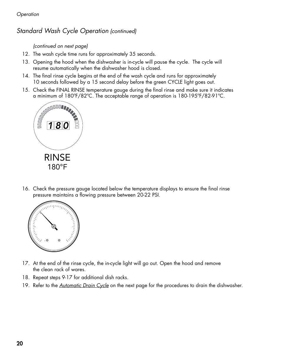 Rinse, 180°f, Standard wash cycle operation | CHAMPION DH5000 Single Source Gas Door Machine Manual User Manual | Page 28 / 122