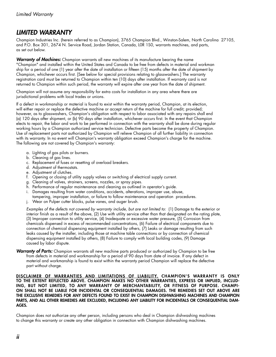 Limited warranty | CHAMPION DH5000 Single Source Gas Door Machine Manual User Manual | Page 6 / 122