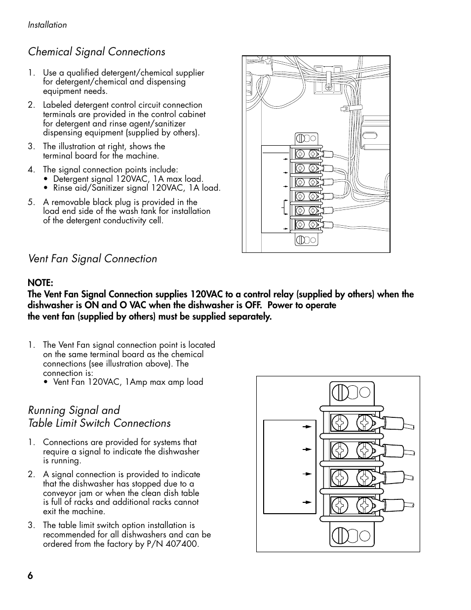 Chemical signal connections, Vent fan signal connection, Running signal and table limit switch connections | CHAMPION CH66 Manual User Manual | Page 14 / 104