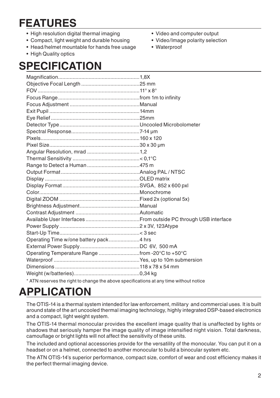 Features specification, Application | ATN Thermal Vision Monocular OTIS-14 User Manual | Page 3 / 8
