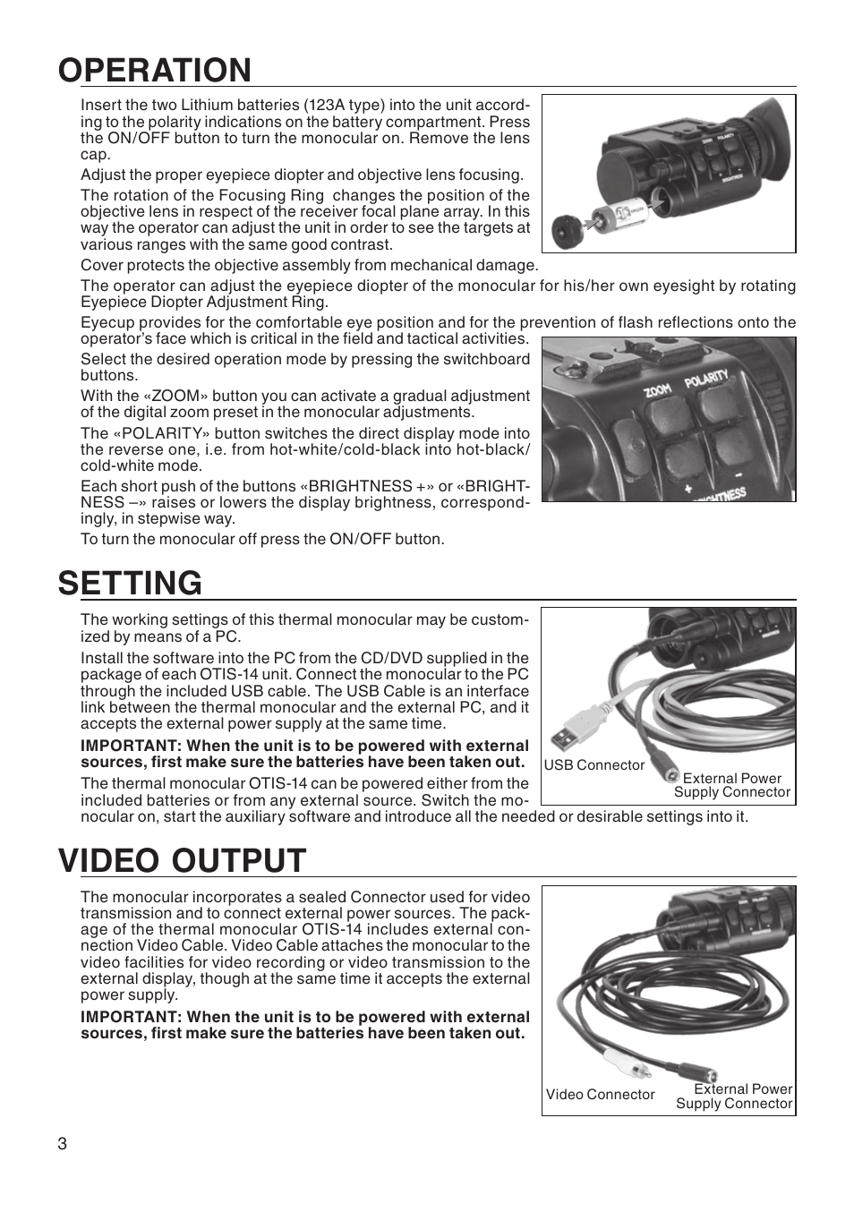 Operation, Setting, Video | Output | ATN Thermal Vision Monocular OTIS-14 User Manual | Page 4 / 8