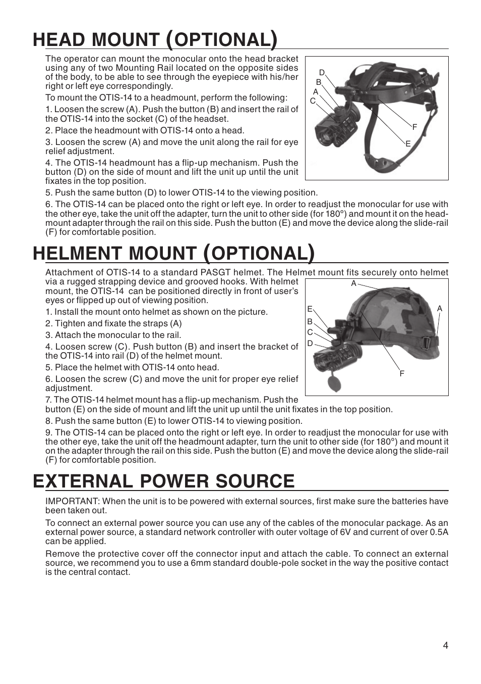 Head, Mount, Optional | Helment, External, Power, Source | ATN Thermal Vision Monocular OTIS-14 User Manual | Page 5 / 8