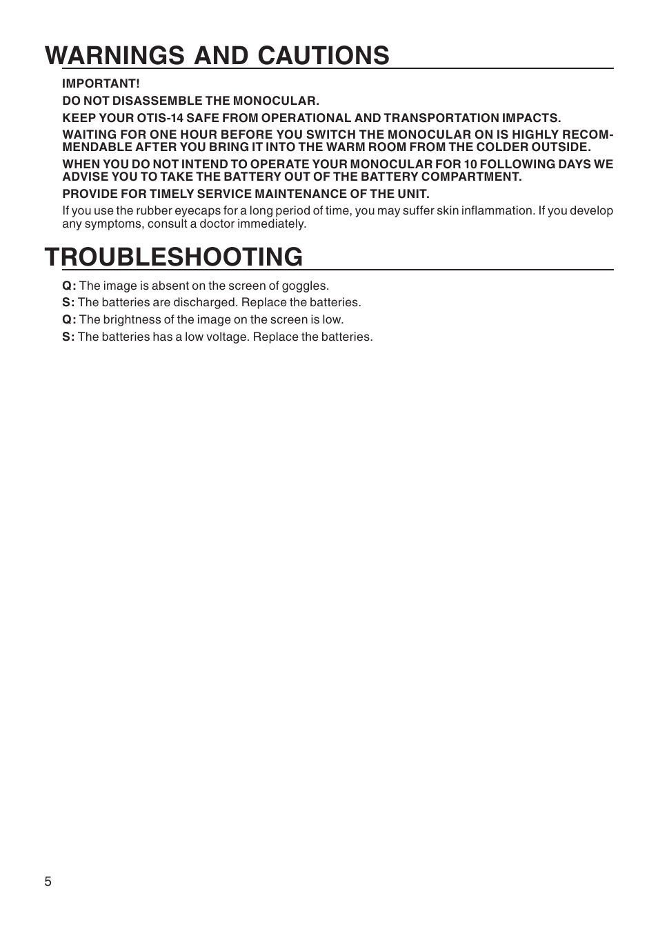 Warnings, Cautions, Troubleshooting | ATN Thermal Vision Monocular OTIS-14 User Manual | Page 6 / 8