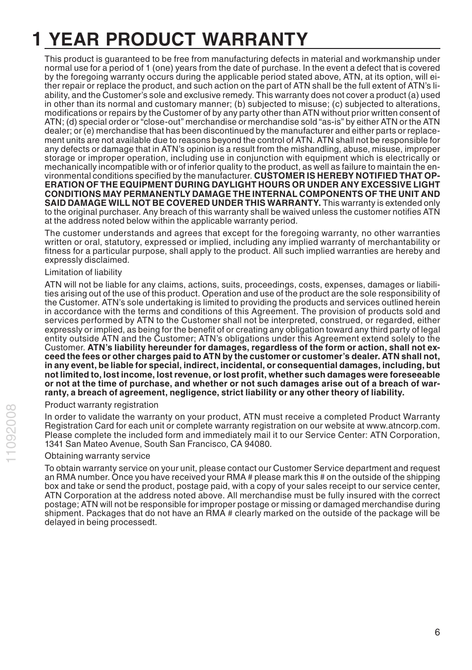 Year, Product, Warranty | ATN Thermal Vision Monocular OTIS-14 User Manual | Page 7 / 8