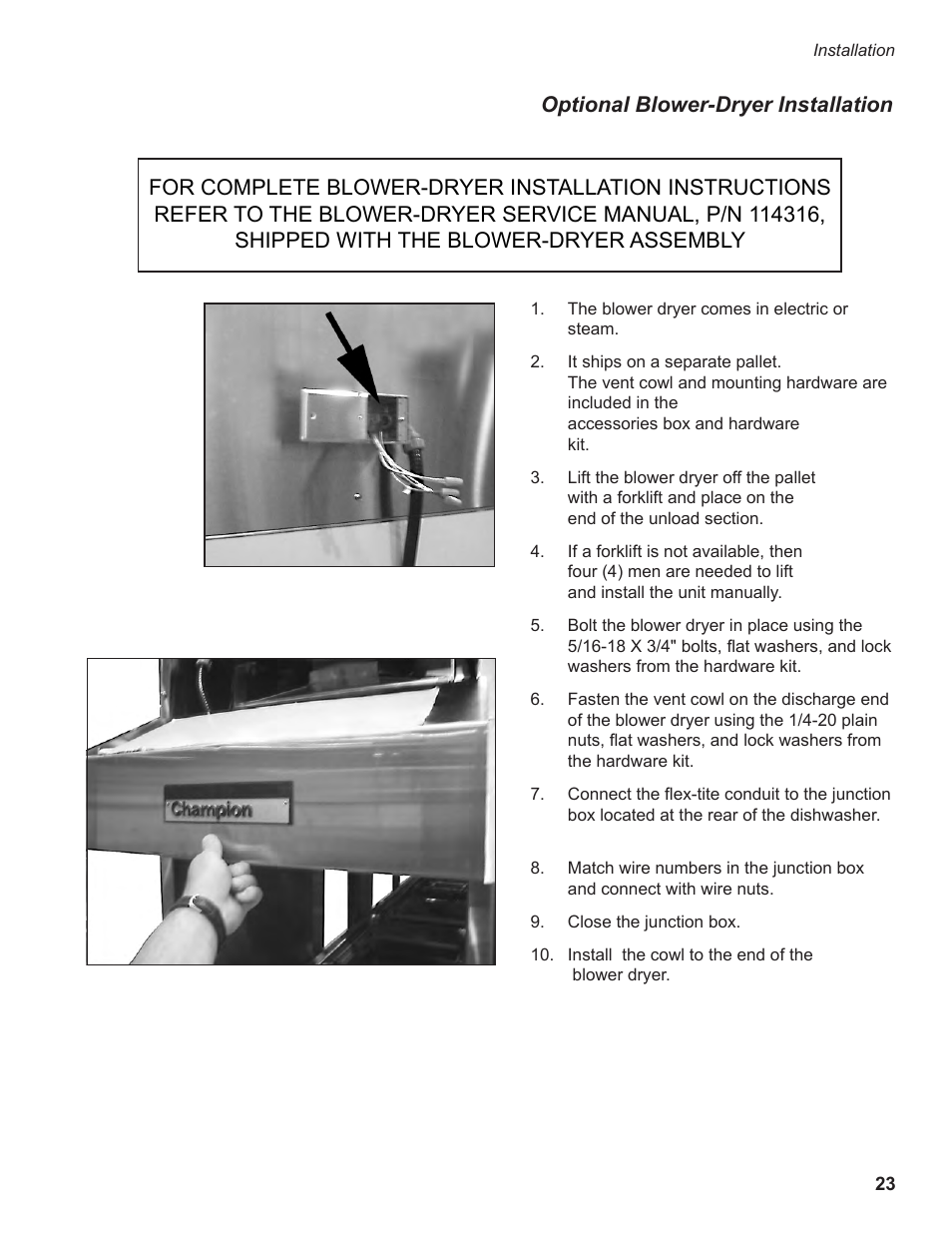Optional blower-dryer installation | CHAMPION EEUCCW8 User Manual | Page 31 / 202