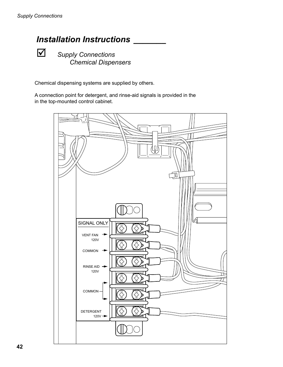Installation instructions, Supply connections chemical dispensers | CHAMPION EUCC Series User Manual | Page 50 / 230
