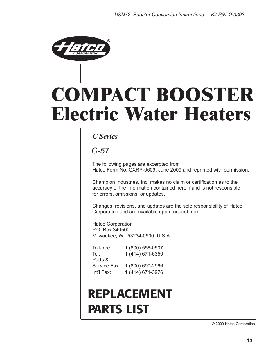 Compact booster electric water heaters, Replacement parts list, C-57 | CHAMPION USN72 User Manual | Page 175 / 192