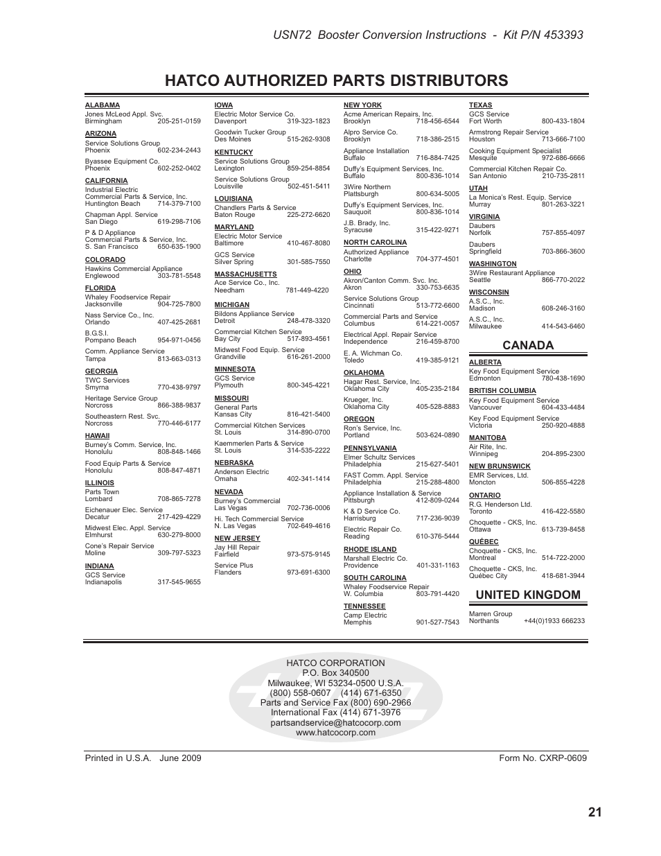 Hatco authorized parts distributors, Canada, United kingdom | CHAMPION USN72 User Manual | Page 183 / 192