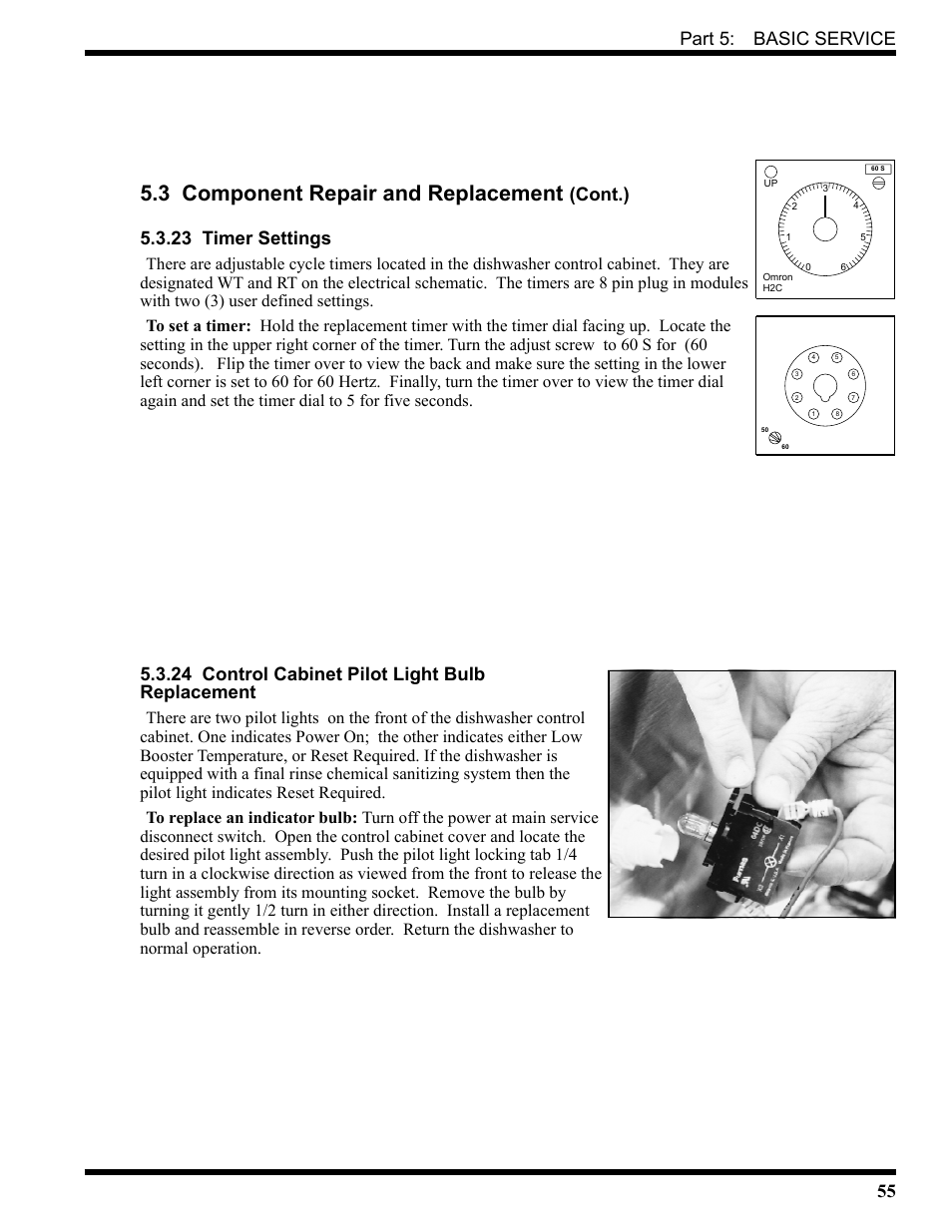 3 component repair and replacement, Part 5: basic service, Cont.) 5.3.23 timer settings | 24 control cabinet pilot light bulb replacement | CHAMPION USN72 User Manual | Page 73 / 192