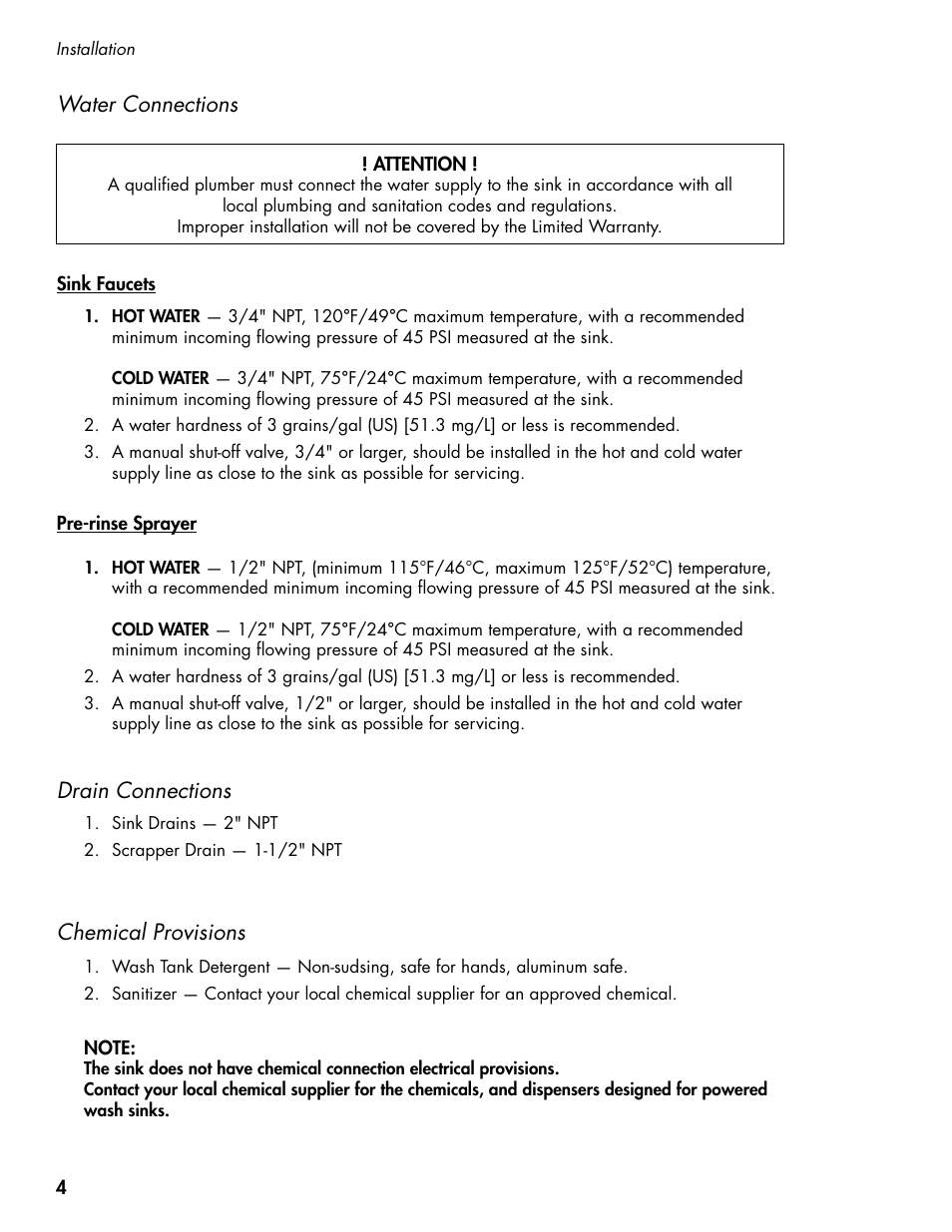 Water connections, Chemical provisions drain connections | CHAMPION PP3 User Manual | Page 12 / 36