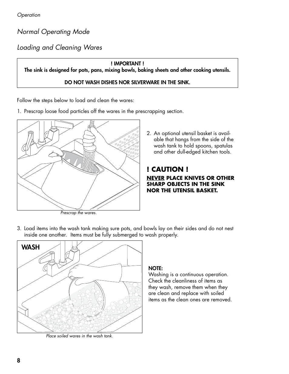 Loading and cleaning wares, Normal operating mode, Wash | Caution | CHAMPION PP3 User Manual | Page 16 / 36