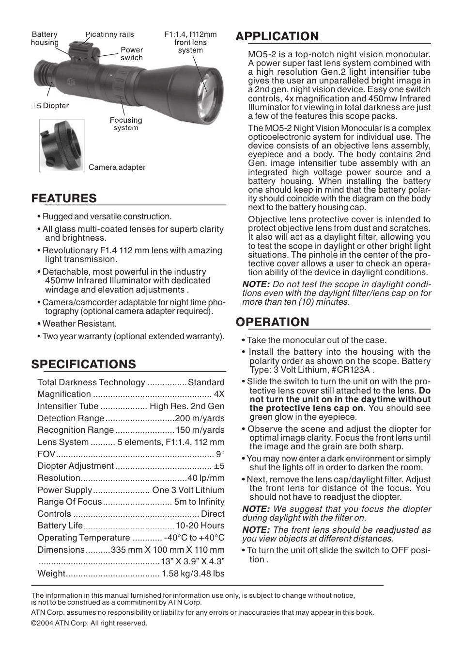 Features, Application, Operation | Specifications | ATN MO5-2 User Manual | Page 2 / 4