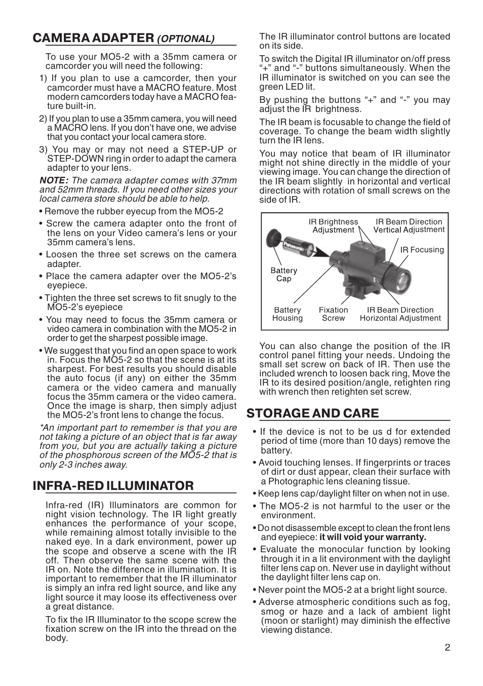 Camera adapter, Infra-red illuminator, Storage and care | ATN MO5-2 User Manual | Page 3 / 4
