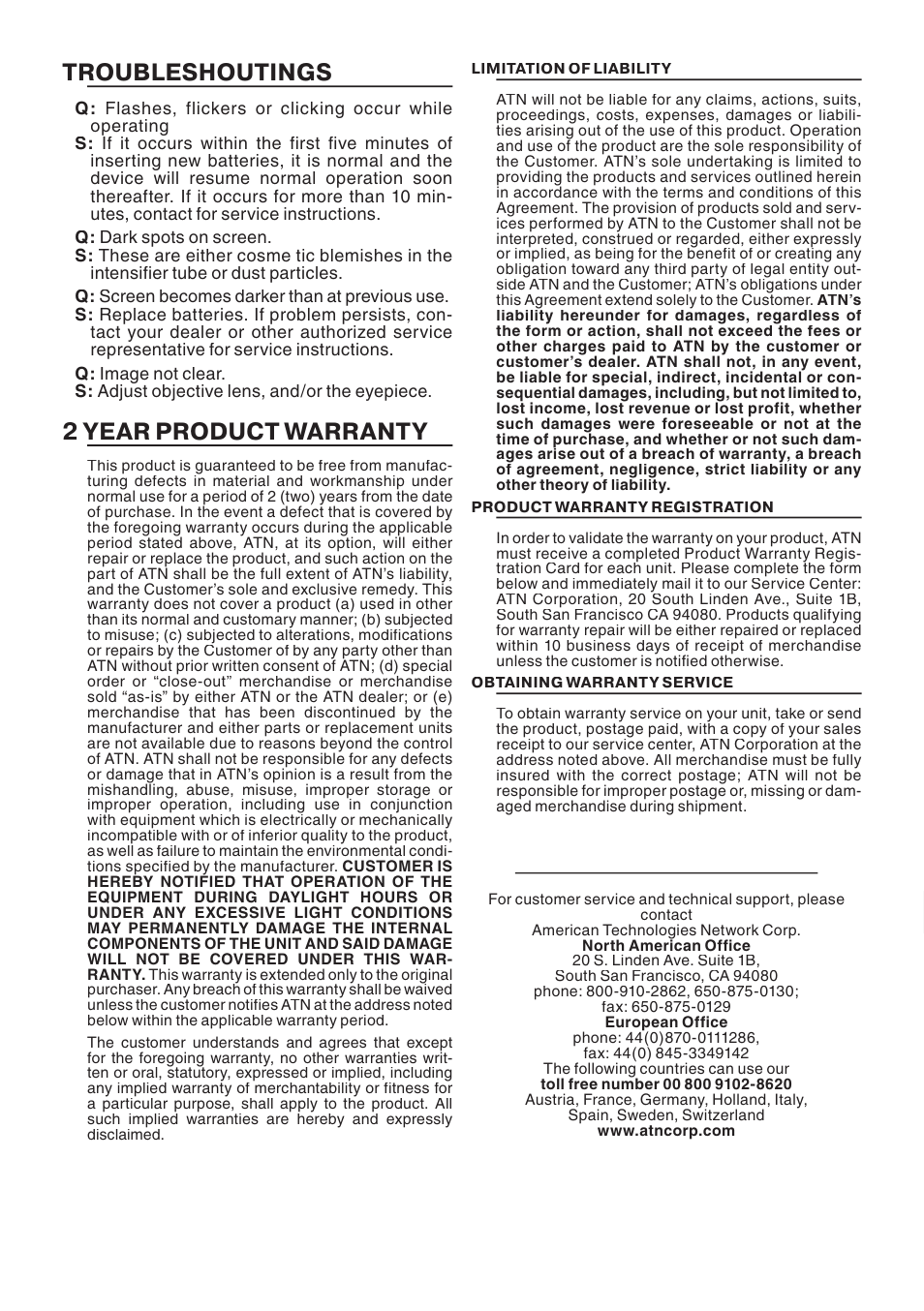 Troubleshoutings, 2 year product warranty | ATN MO5-2 User Manual | Page 4 / 4