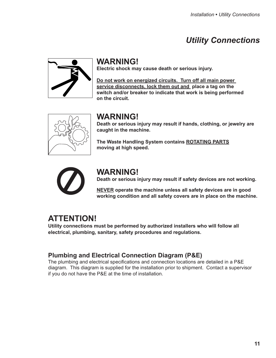 Warning, Utility connections warning, Attention | CHAMPION P7-30 Manual User Manual | Page 19 / 72