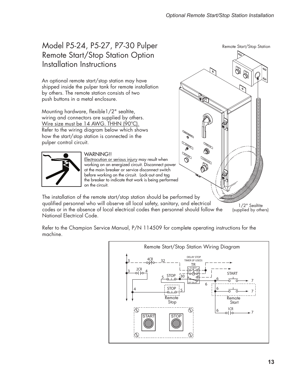 Optional remote start/stop station installation, Remote start/stop station wiring diagram | CHAMPION P7-30 Manual User Manual | Page 21 / 72