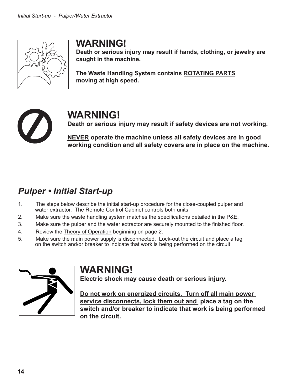 Warning, Pulper • initial start-up | CHAMPION P7-30 Manual User Manual | Page 22 / 72