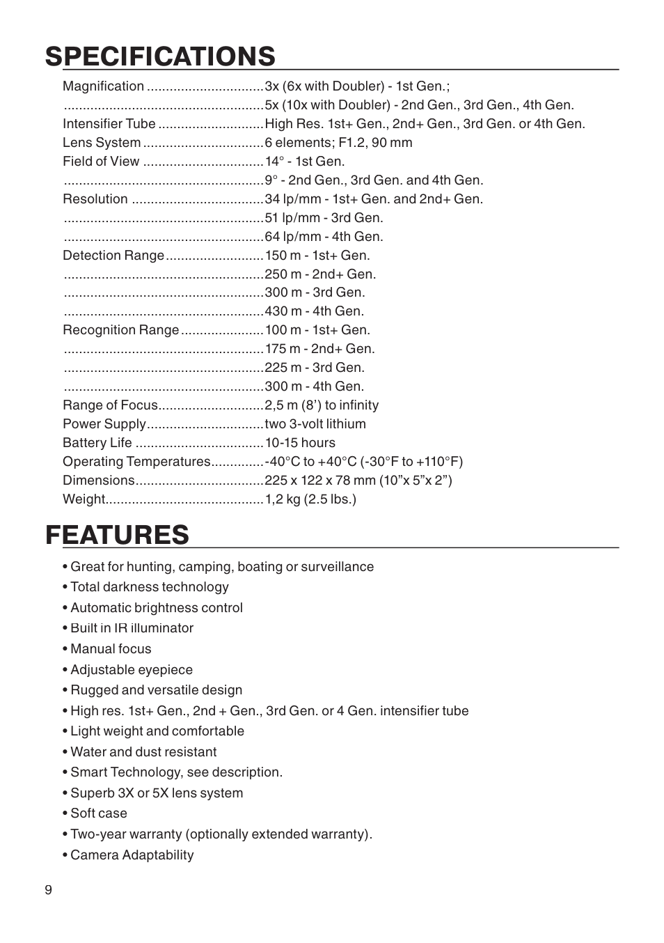 Specifications, Features | ATN Night Shadow Night Vision Biocular User Manual | Page 10 / 12
