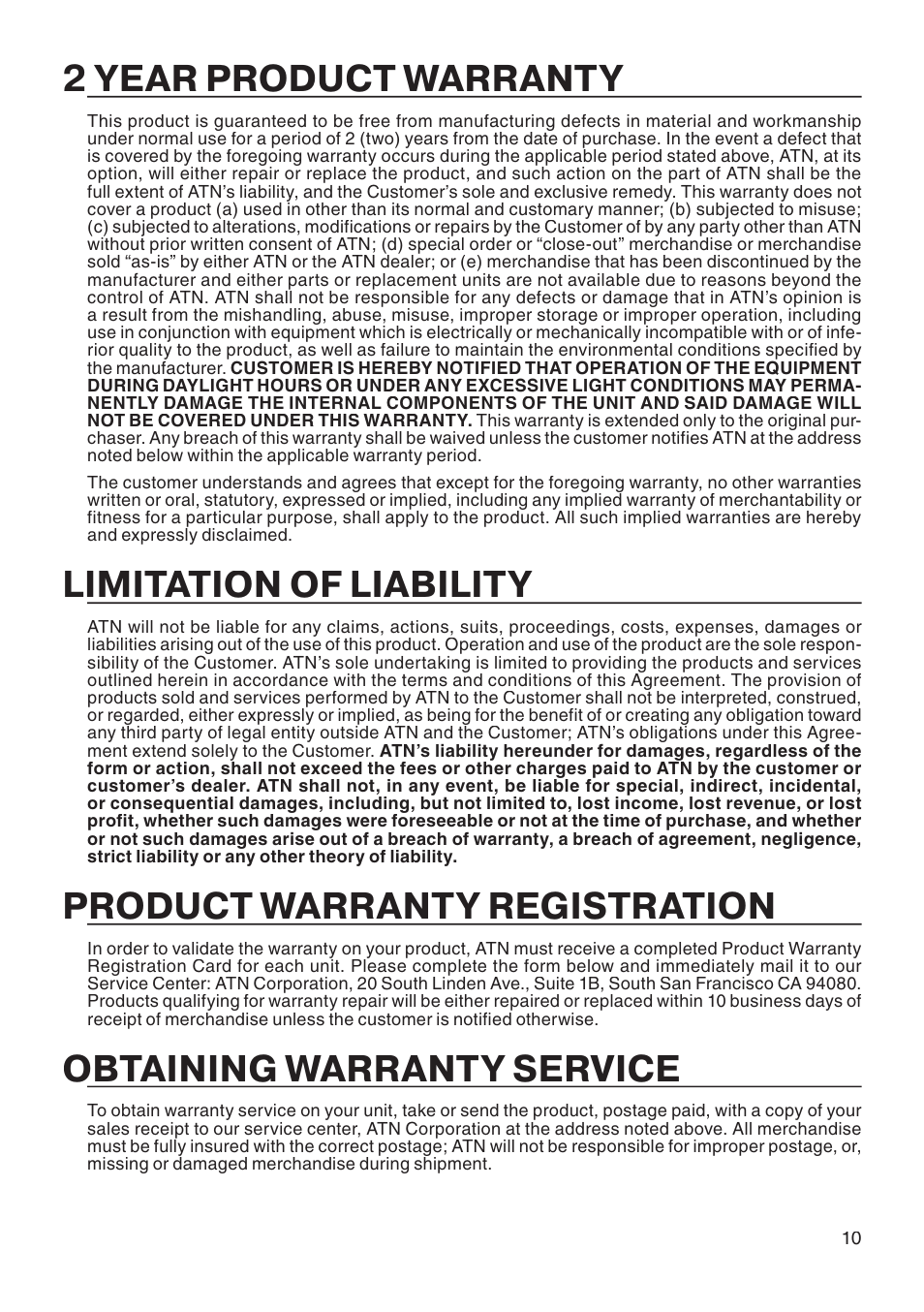 2 year product warranty, Limitation of liability, Product warranty registration | Obtaining warranty service | ATN Night Shadow Night Vision Biocular User Manual | Page 11 / 12