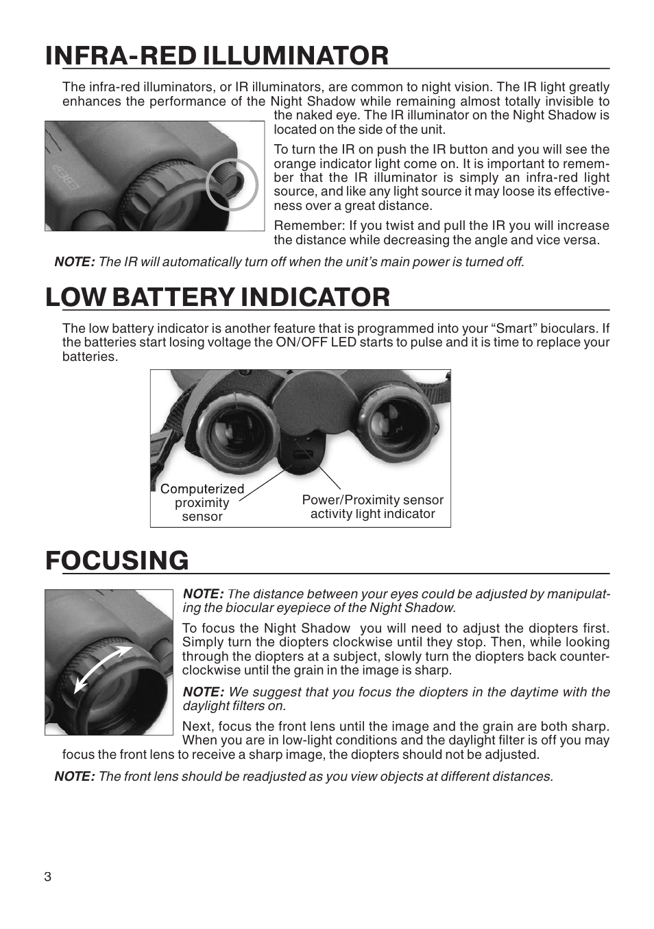 Focusing, Infra-red illuminator, Low battery indicator | ATN Night Shadow Night Vision Biocular User Manual | Page 4 / 12