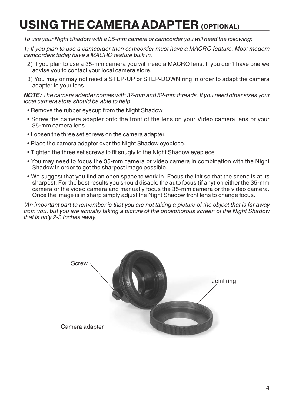 Using the camera adapter | ATN Night Shadow Night Vision Biocular User Manual | Page 5 / 12