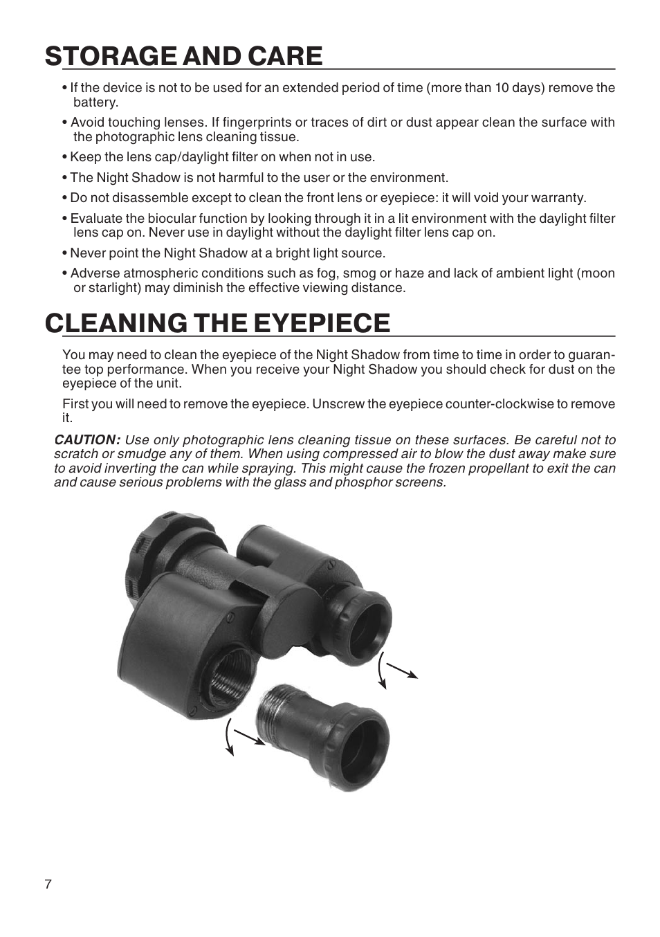 Storage and care, Cleaning the eyepiece | ATN Night Shadow Night Vision Biocular User Manual | Page 8 / 12