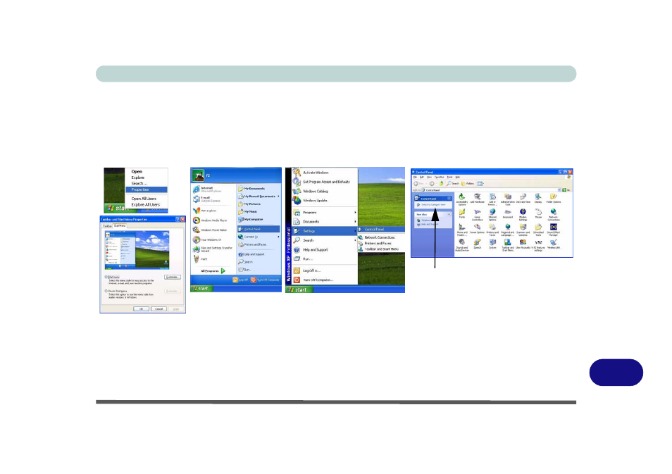 Windows xp start menu & control panel | chiliGREEN 17 M670SU MK2 User Manual | Page 171 / 224