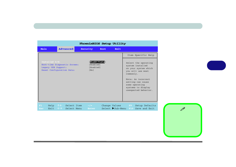 Advanced menu, Installed o/s: (advanced menu), Advanced menu -7 installed o/s: (advanced menu) -7 | Bios utilities advanced menu 5 - 7, Figure 5 - 3 | chiliGREEN 17 M670SU MK2 User Manual | Page 89 / 224