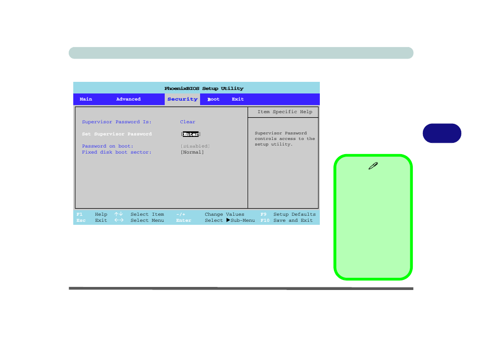 Security menu, Set supervisor password (security menu), Bios utilities security menu 5 - 9 | Figure 5 - 4 | chiliGREEN 17 M670SU MK2 User Manual | Page 91 / 224