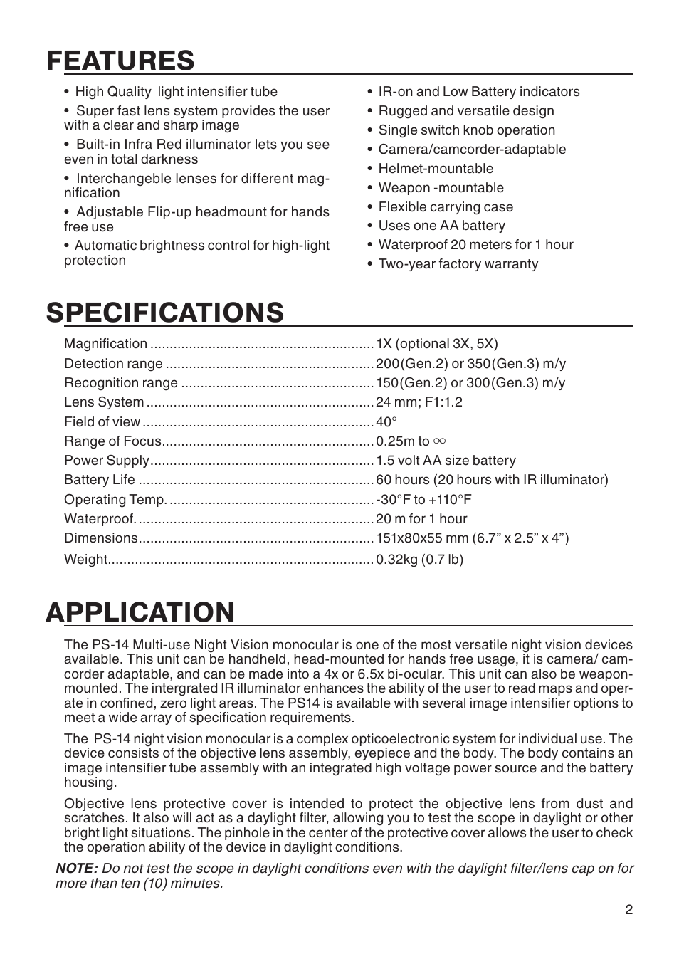 Application, Specifications, Features | ATN PS14 User Manual | Page 3 / 12