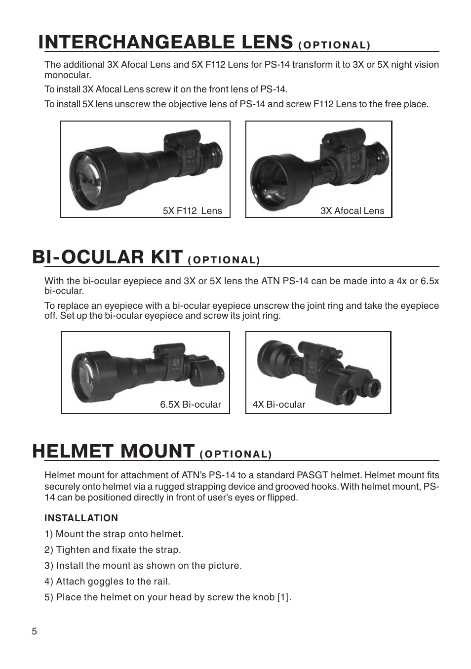Interchangeable lens, Bi-ocular kit, Helmet mount | ATN PS14 User Manual | Page 6 / 12