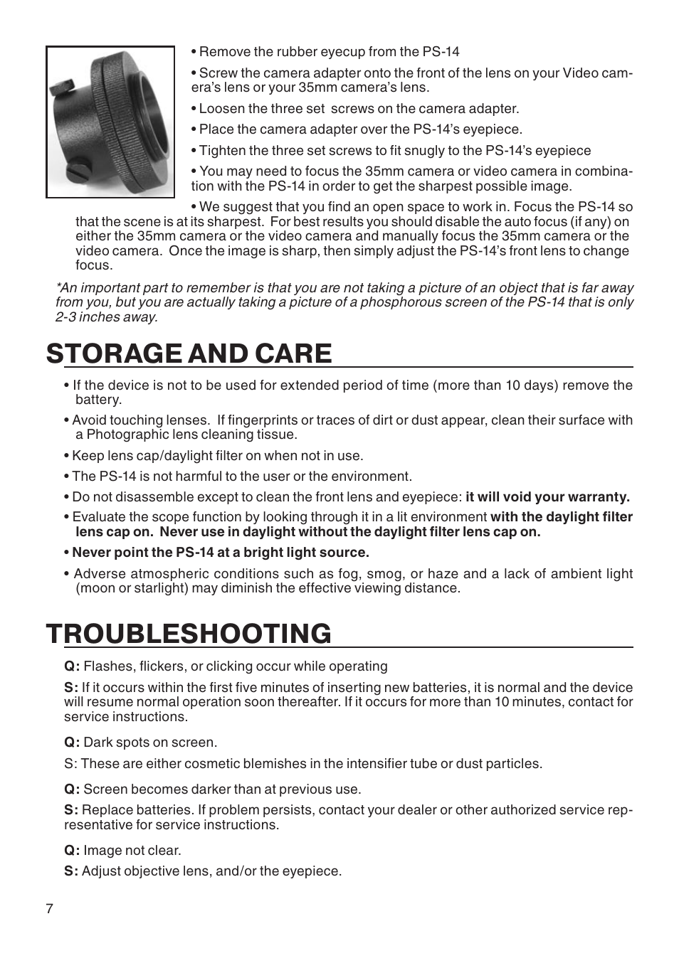 Storage and care, Troubleshooting | ATN PS14 User Manual | Page 8 / 12