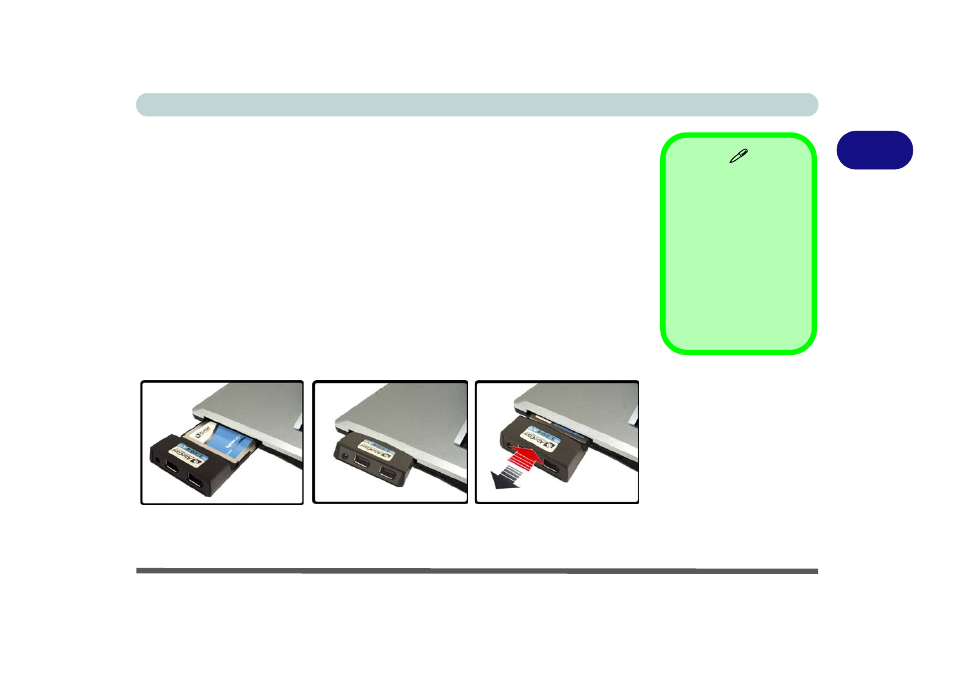 Expresscard slot, Inserting and removing expresscards, Expresscard slot -7 | Inserting and removing expresscards -7 | chiliGREEN 15 4 M665S User Manual | Page 45 / 190