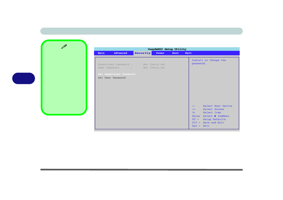 Security menu, Set supervisor password (security menu), Bios utilities 5 - 8 security menu | Figure 5 - 4 | chiliGREEN 15 4 M665NC User Manual | Page 84 / 154