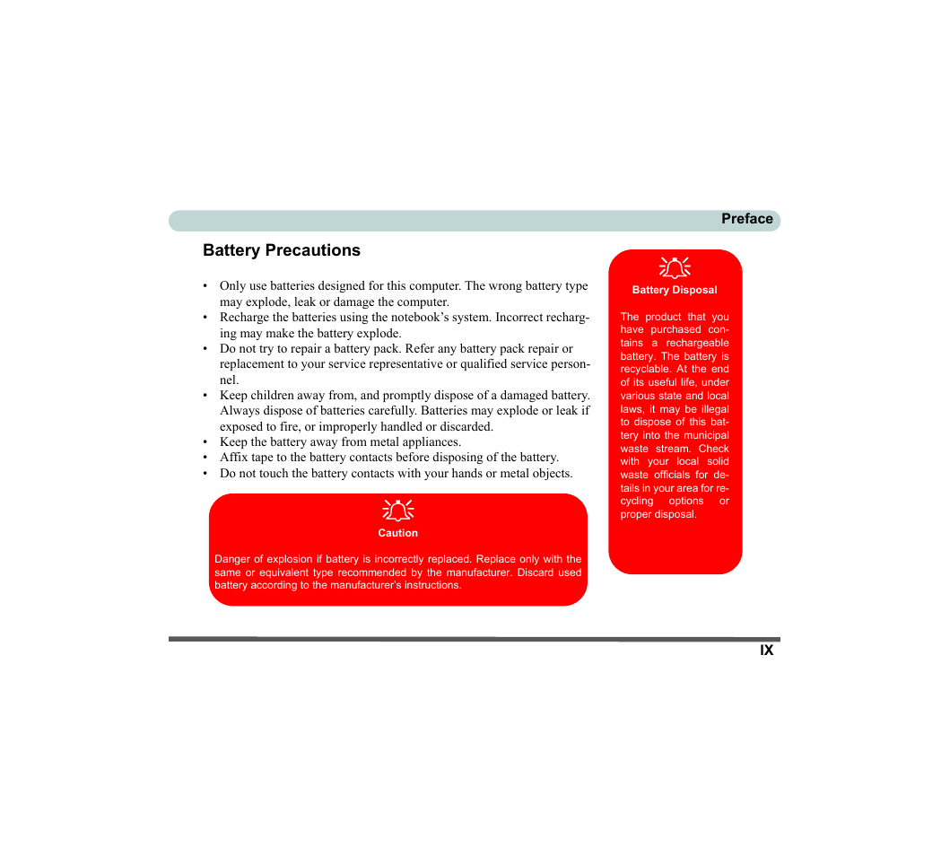 Battery precautions, Battery disposal | chiliGREEN D620S U User Manual | Page 10 / 209