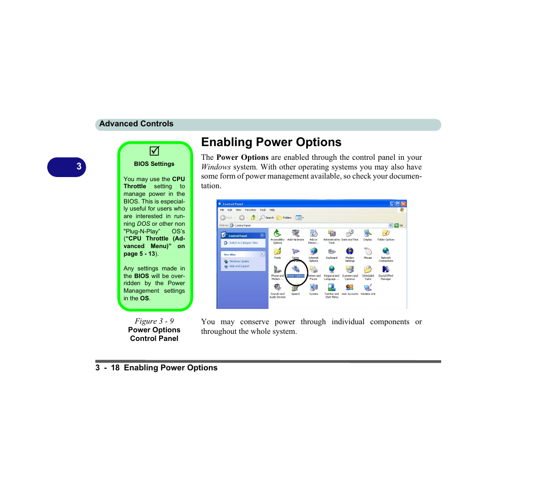 Enabling power options, Bios settings, Figure 3 - 9 power options control panel | Enabling power options -18 | chiliGREEN D620S U User Manual | Page 101 / 209