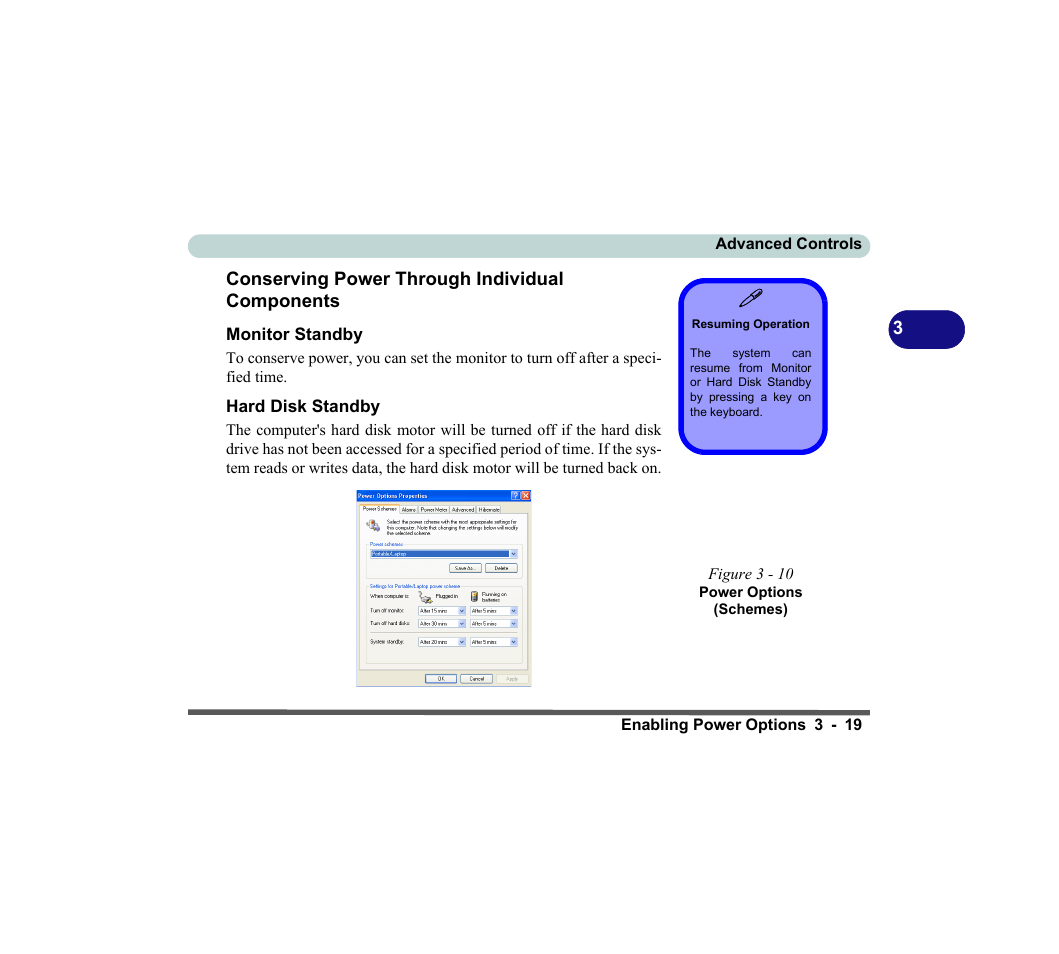 Conserving power through individual components, Resuming operation, Figure 3 - 10 power options (schemes) | Monitor standby, Hard disk standby | chiliGREEN D620S U User Manual | Page 102 / 209
