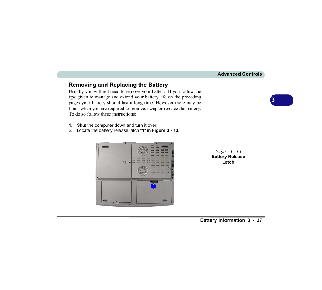 Removing and replacing the battery, Figure 3 - 13 battery release latch, Removing and replacing the battery -27 | chiliGREEN D620S U User Manual | Page 110 / 209