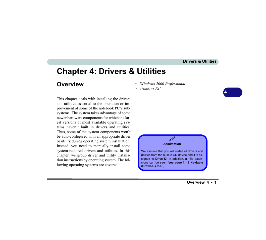 Chapter 4: drivers & utilities, Overview, Assumption | Drivers & utilities -1, Overview -1 | chiliGREEN D620S U User Manual | Page 112 / 209