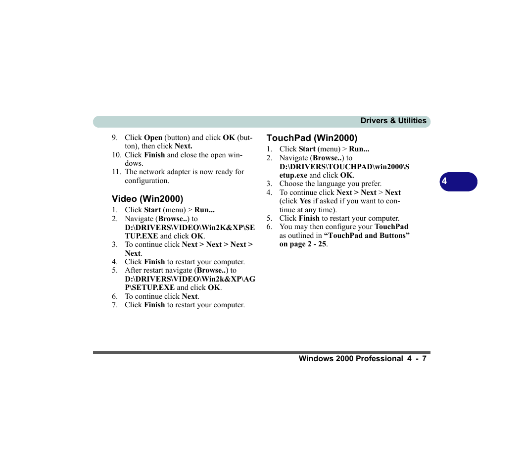 Video (win2000), Touchpad (win2000), Video (win2000) -7 touchpad (win2000) -7 | chiliGREEN D620S U User Manual | Page 118 / 209
